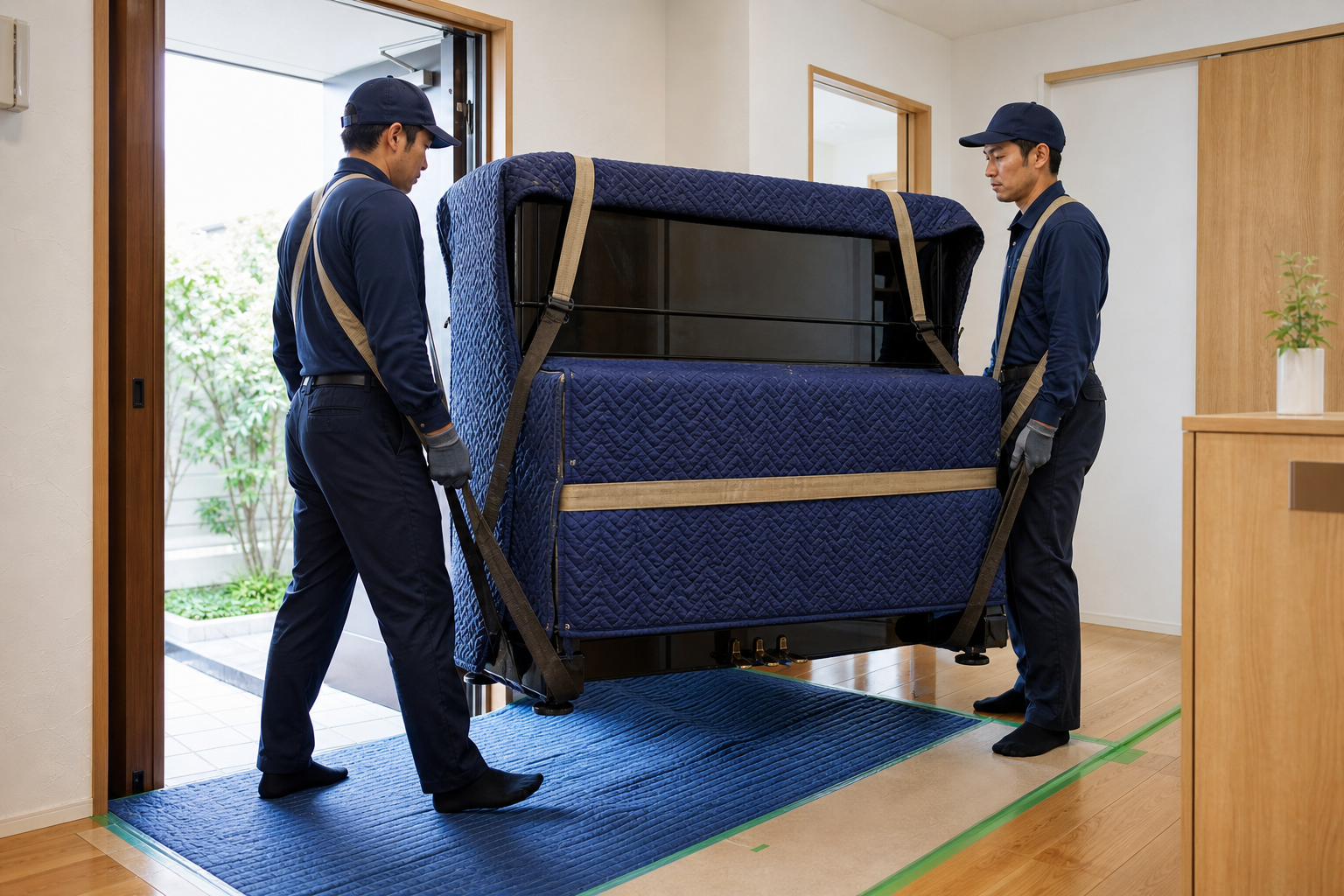 床とピアノを養生し、専用ベルトを使ってアップライトピアノを搬出する専門スタッフ